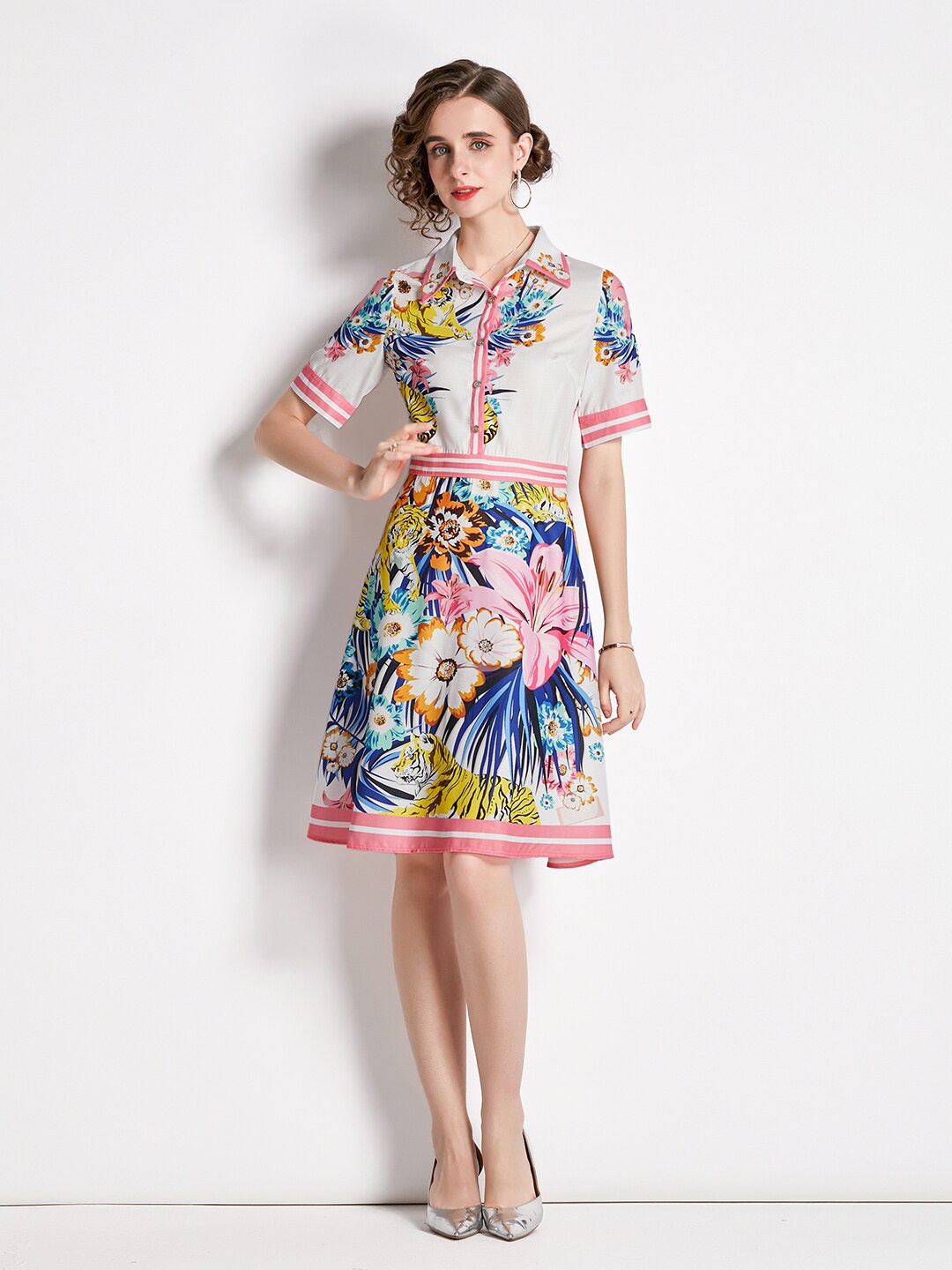 

JC Collection Floral Printed Fit and Flare Short Sleeves Dress, White