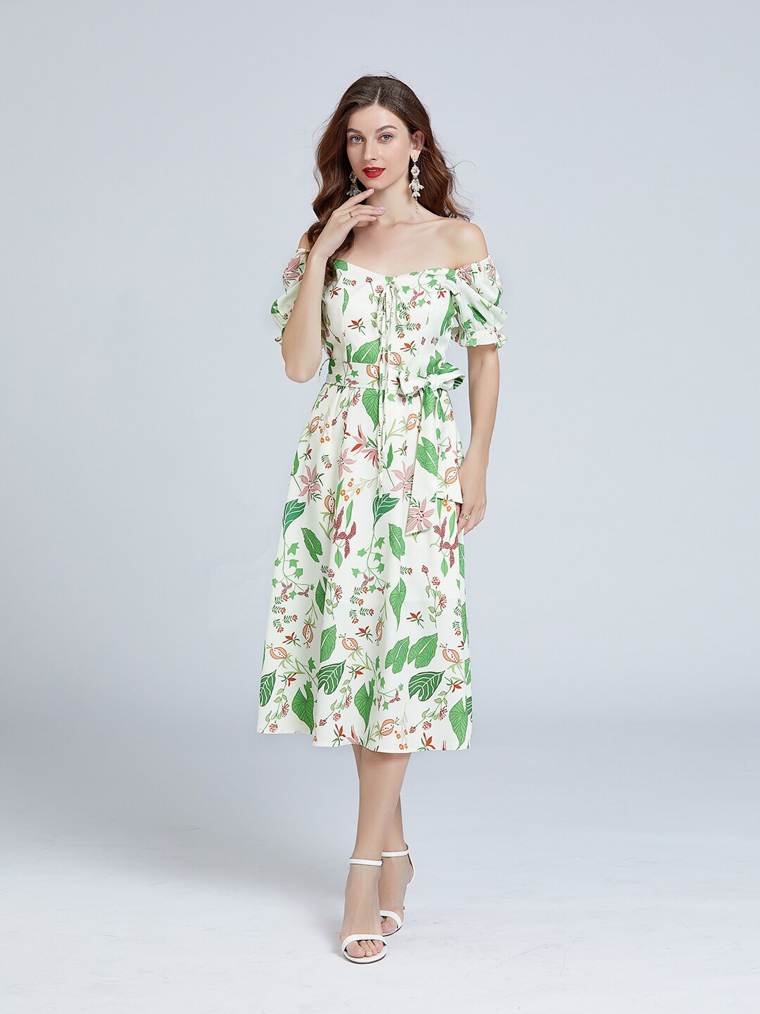 

JC Collection Off White & Green Floral Off-Shoulder Midi Dress