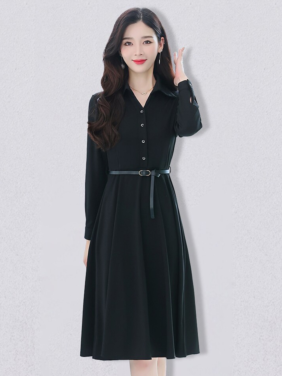 

JC Collection Shirt Collar Fit and Flare Long Sleeves Dress, Black