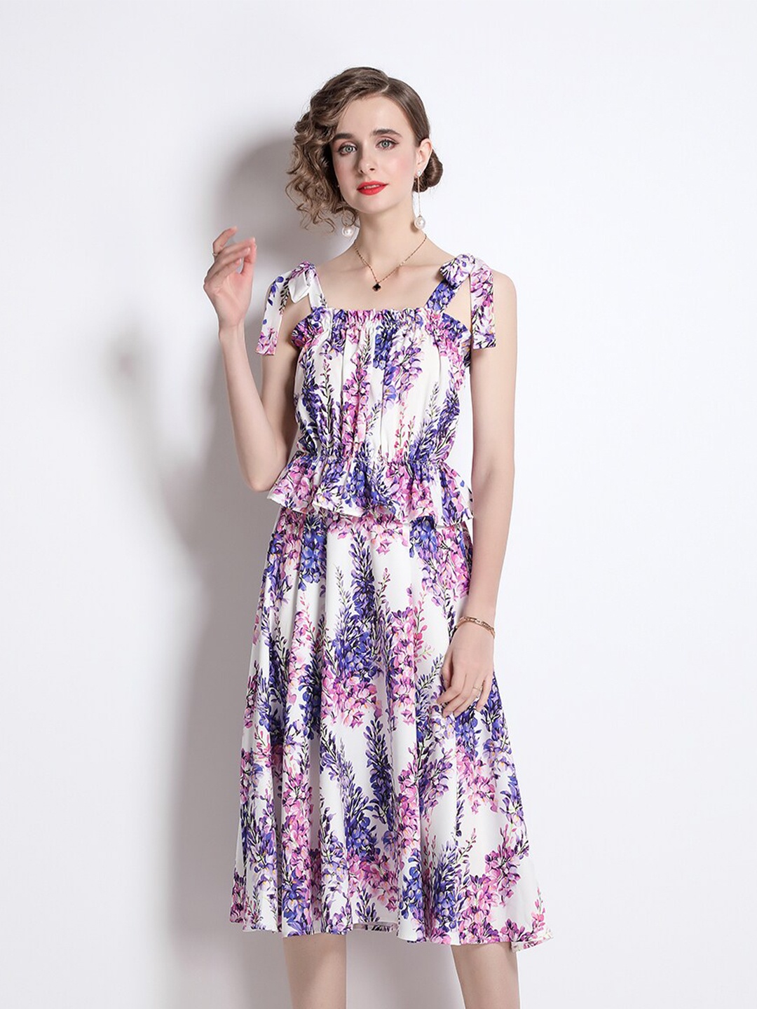 

JC Collection Floral Printed Shoulder Straps Sleeveless Dress, Off white