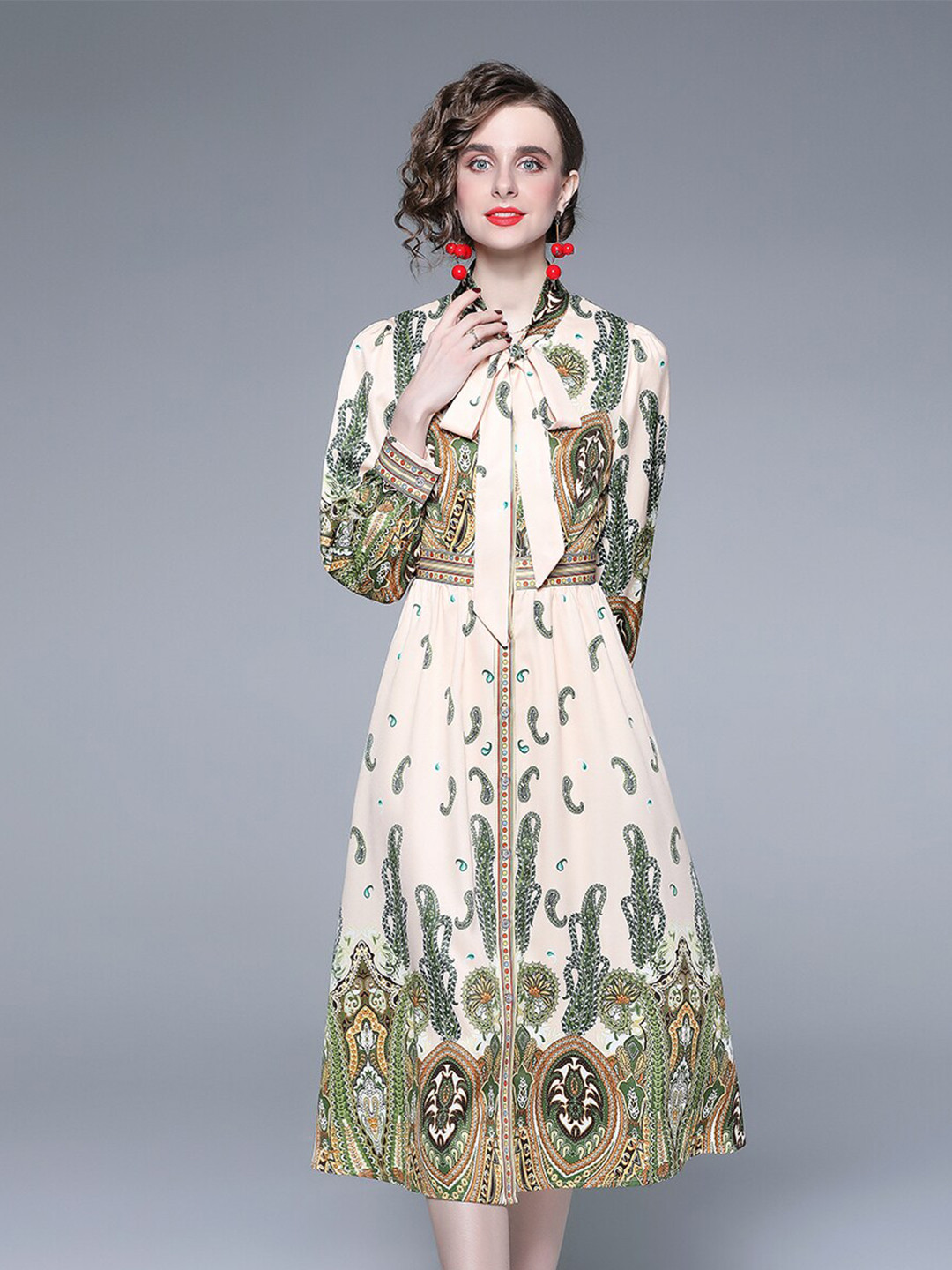 

JC Collection Beige Ethnic Motifs Tie-Up Neck Midi Dress