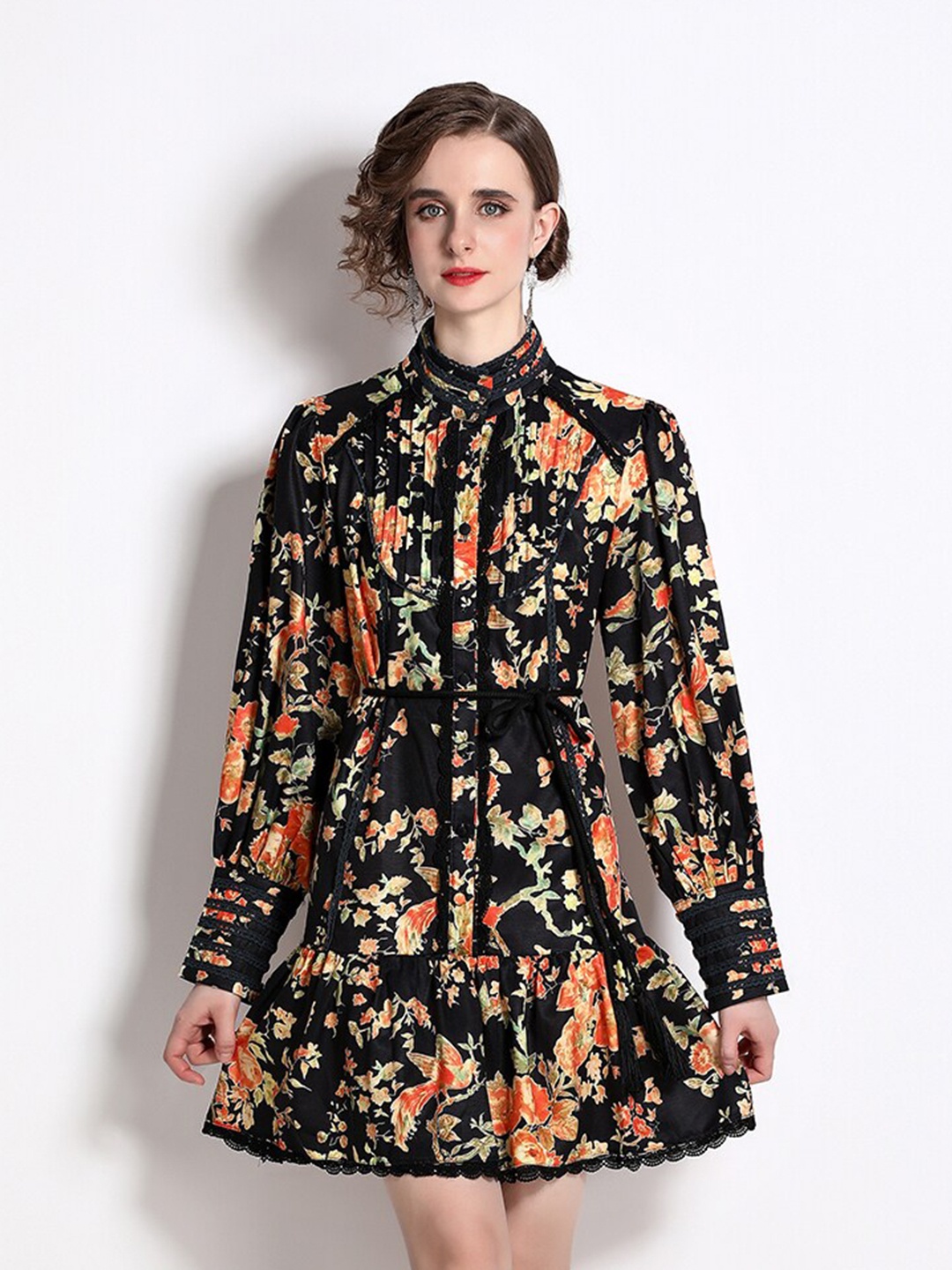 

JC Collection Floral Printed Mandarin Collar Long Sleeves Dress, Black