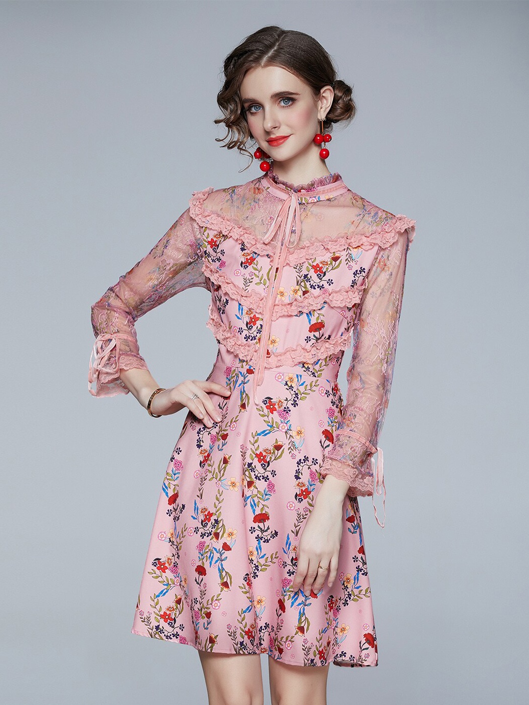 

JC Collection Floral Printed Fit and Flare Mock Neck Dress, Pink