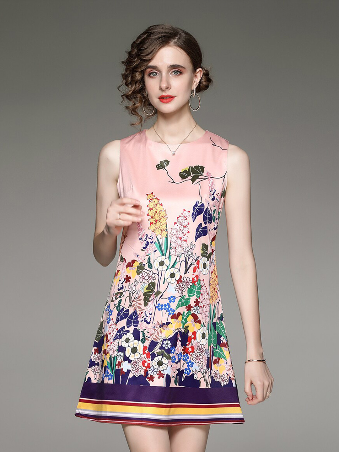 

JC Collection Peach-Coloured & Navy Blue Floral A-Line Dress