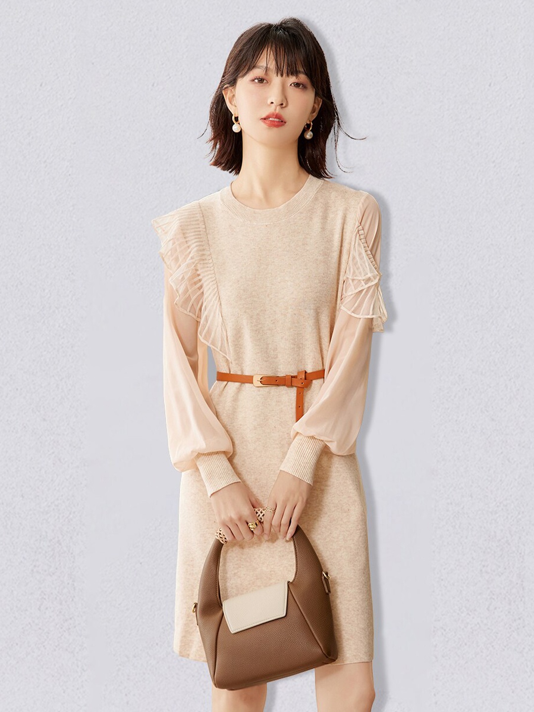 

JC Collection Long Sleeves A-Line Dress, Beige