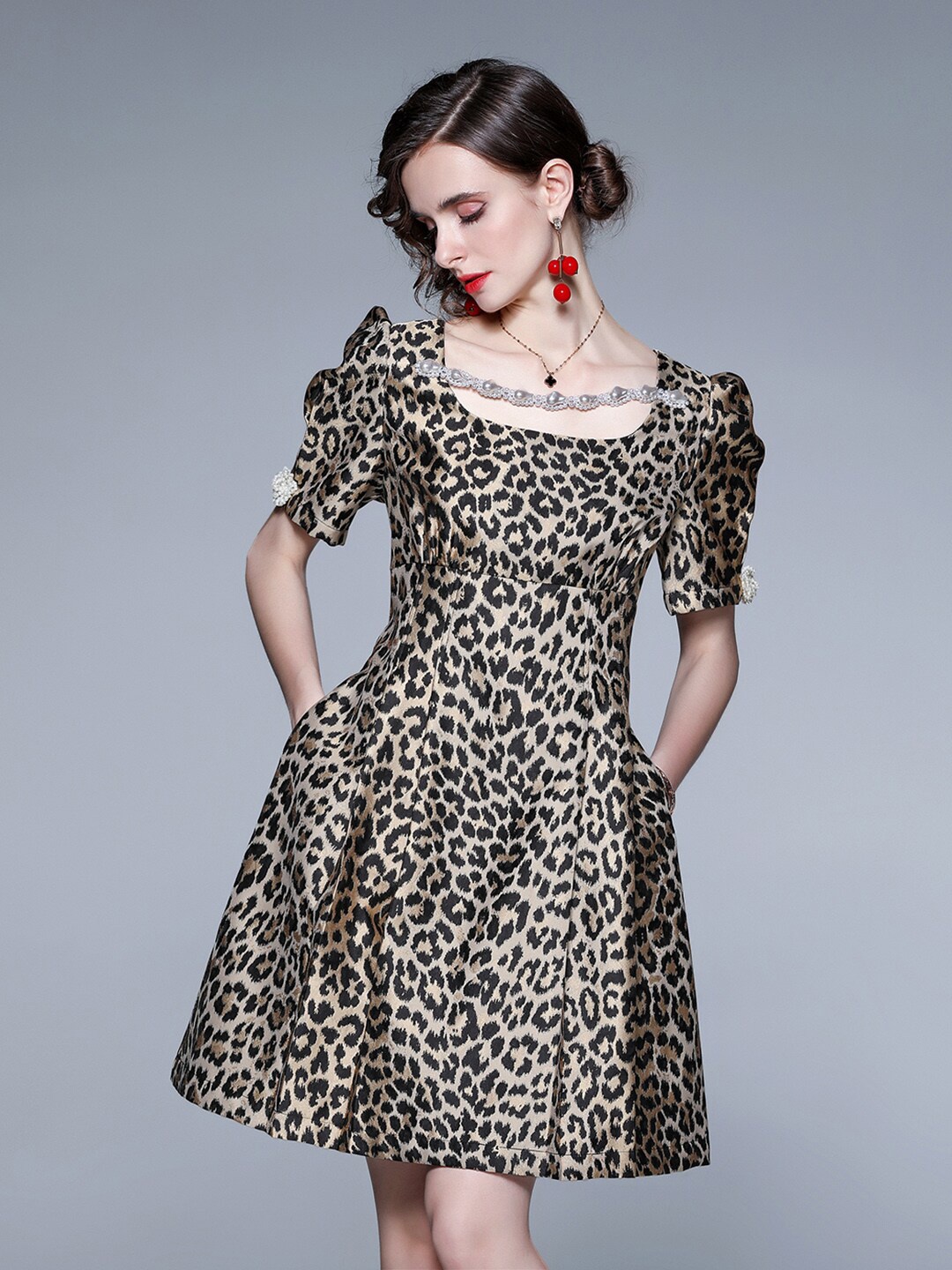 

JC Collection Animal Printed Puff Sleeves Dress, Multi