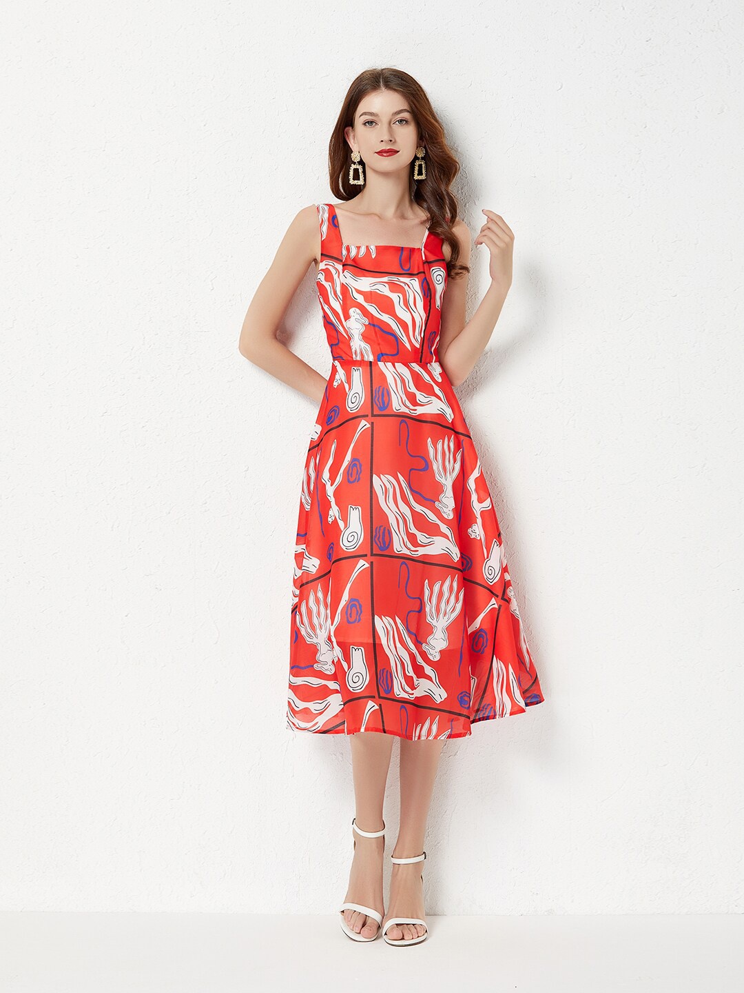 

JC Collection Abstract Printed Fit and Flare Midi Dress, Red