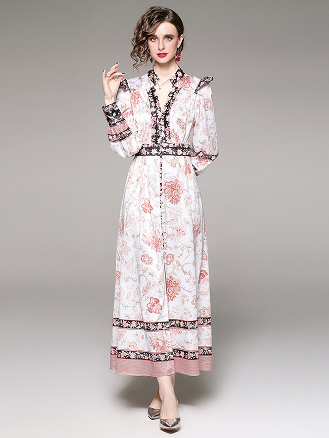 

JC Collection White & Peach-Coloured Floral Maxi Maxi Dress