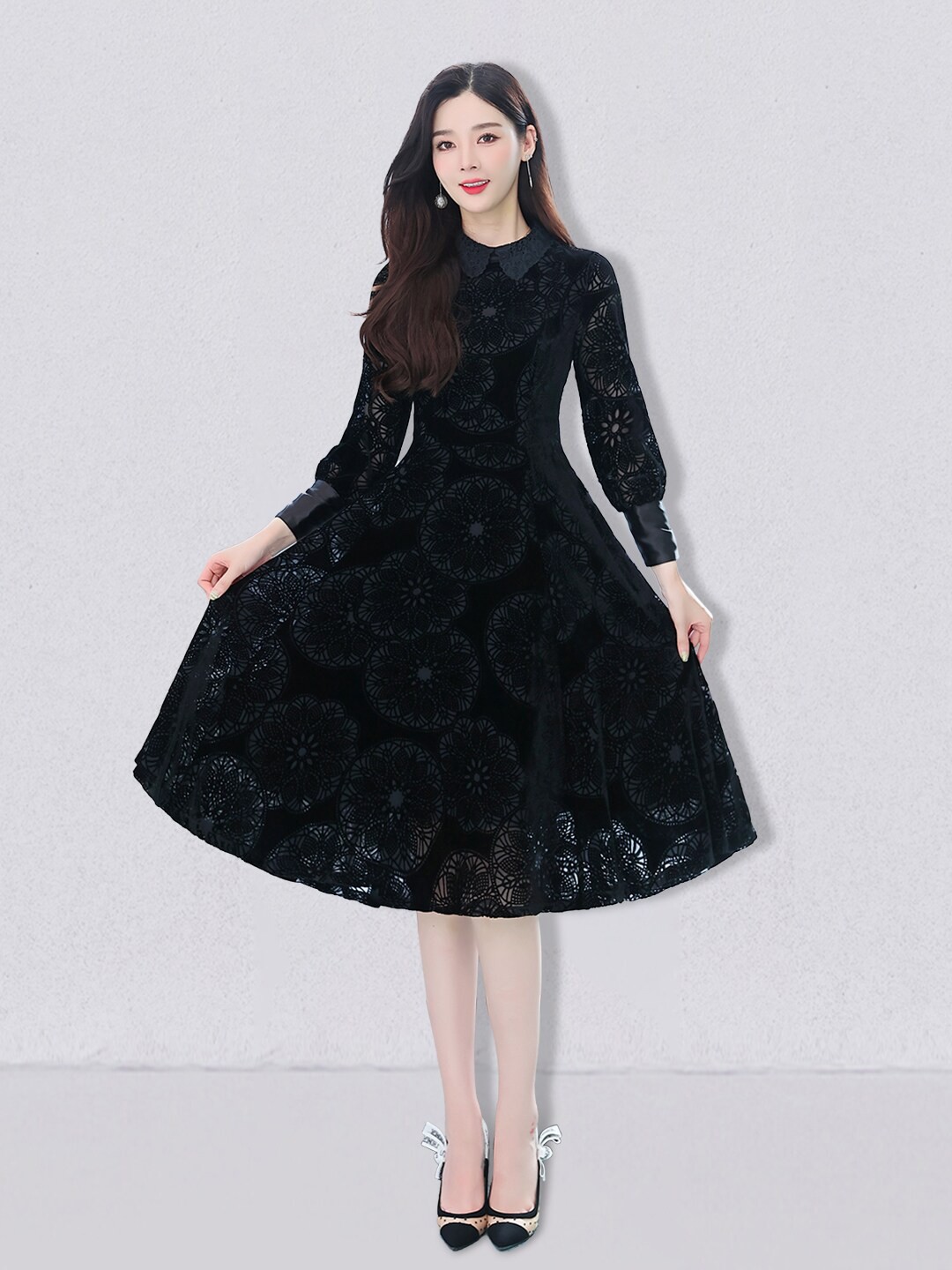

JC Collection Self Design Fit and Flare Midi Dress, Black