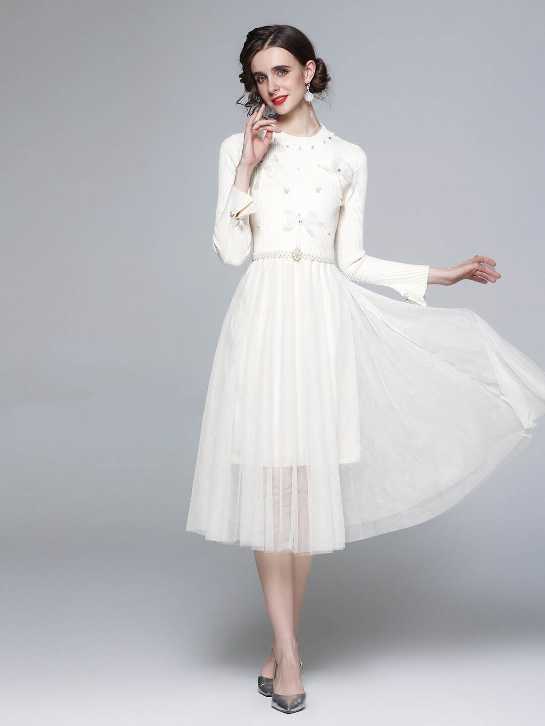 

JC Collection Flared Sleeves Fit and Flare Round Neck Midi Dress, White