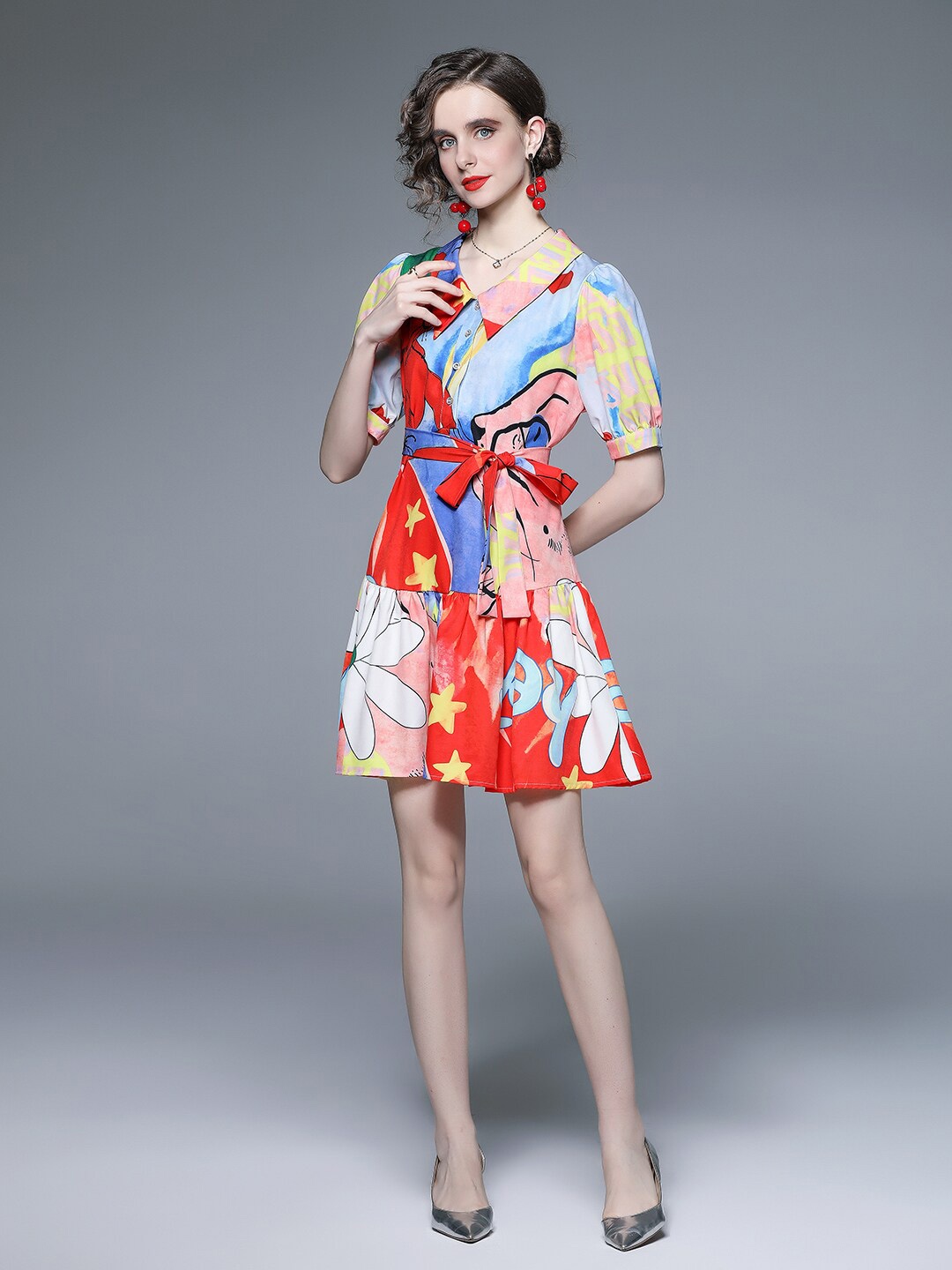 

JC Collection Floral Printed Fit and Flare Shirt Collar Dress, Red