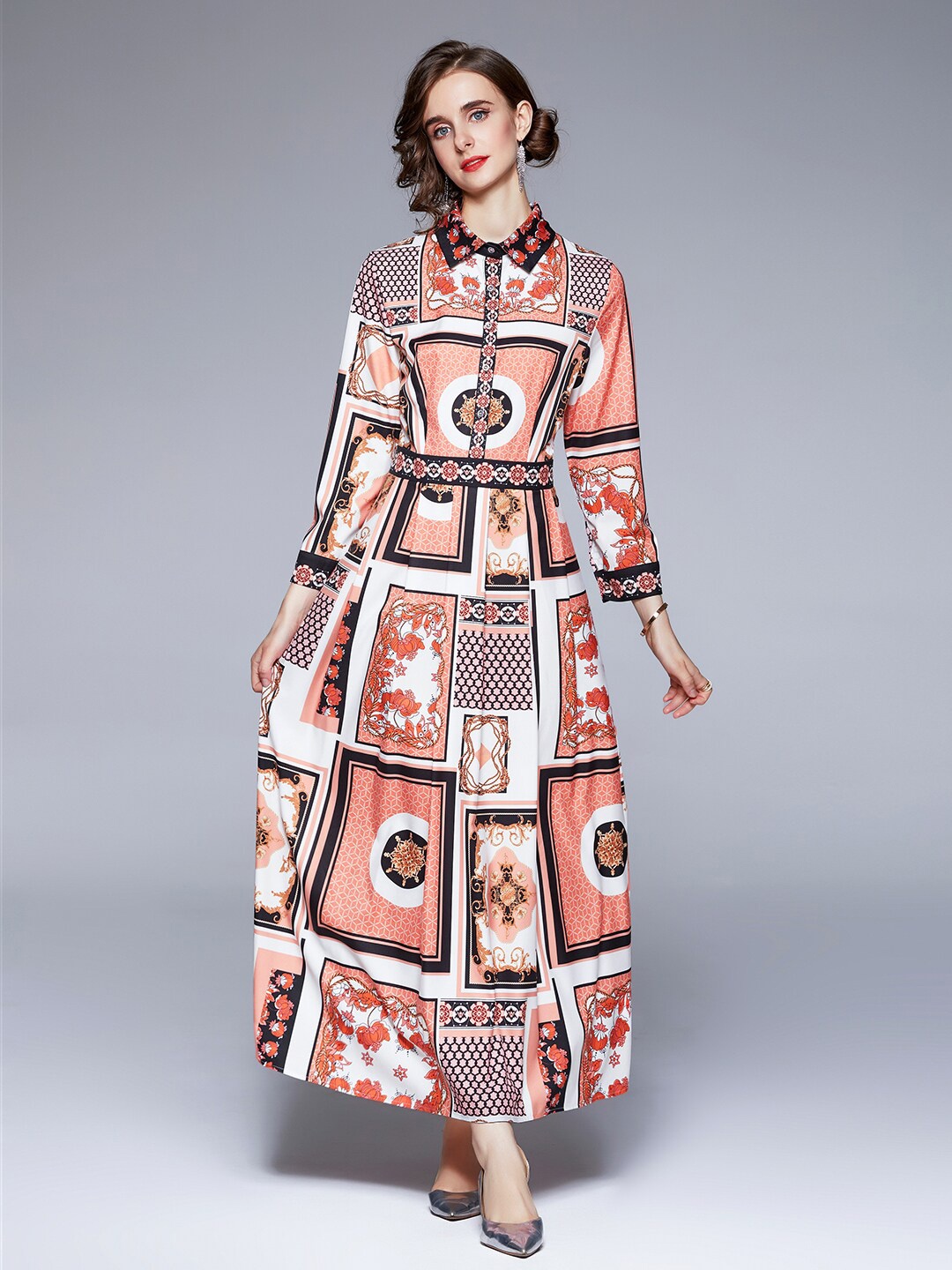 

JC Collection Geometric Printed Long Sleeves Maxi Dress, White