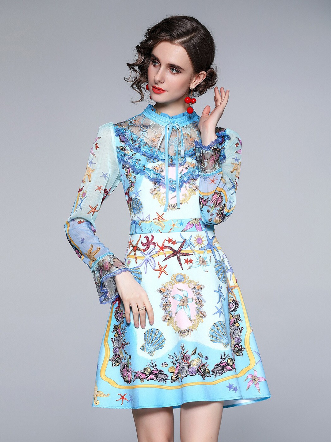 

JC Collection Floral Printed Fit and Flare Mock Neck Dress, Blue
