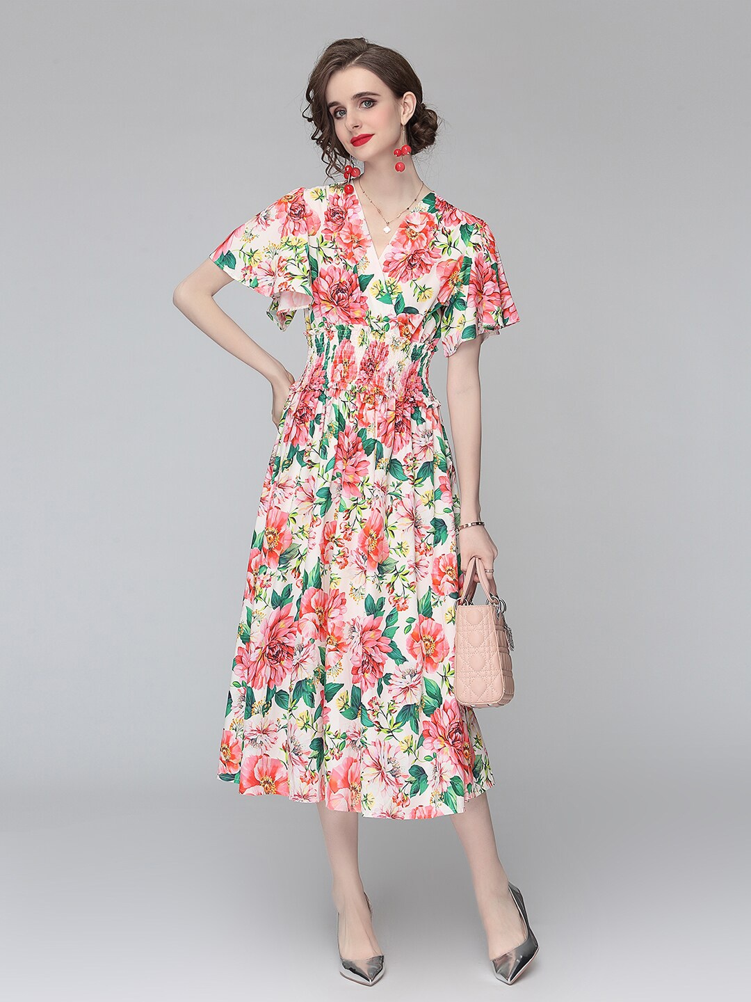 

JC Collection Beige & Pink Floral Midi Dress