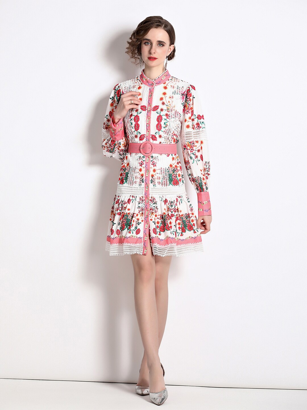 

JC Collection Floral Printed Fit and Flare Long Sleeves Dress, White