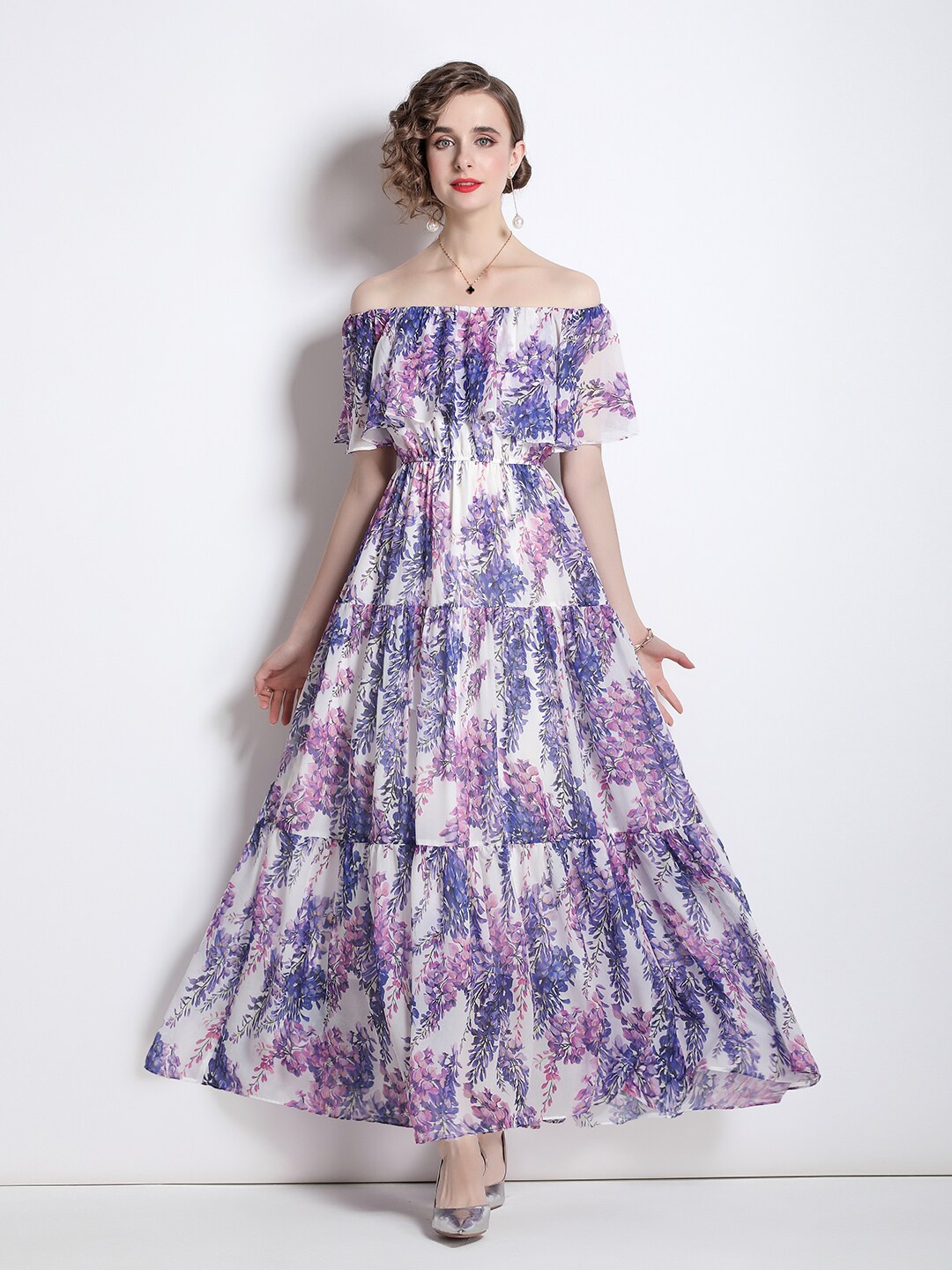 

JC Collection White & Lavender Floral Off-Shoulder Maxi Dress