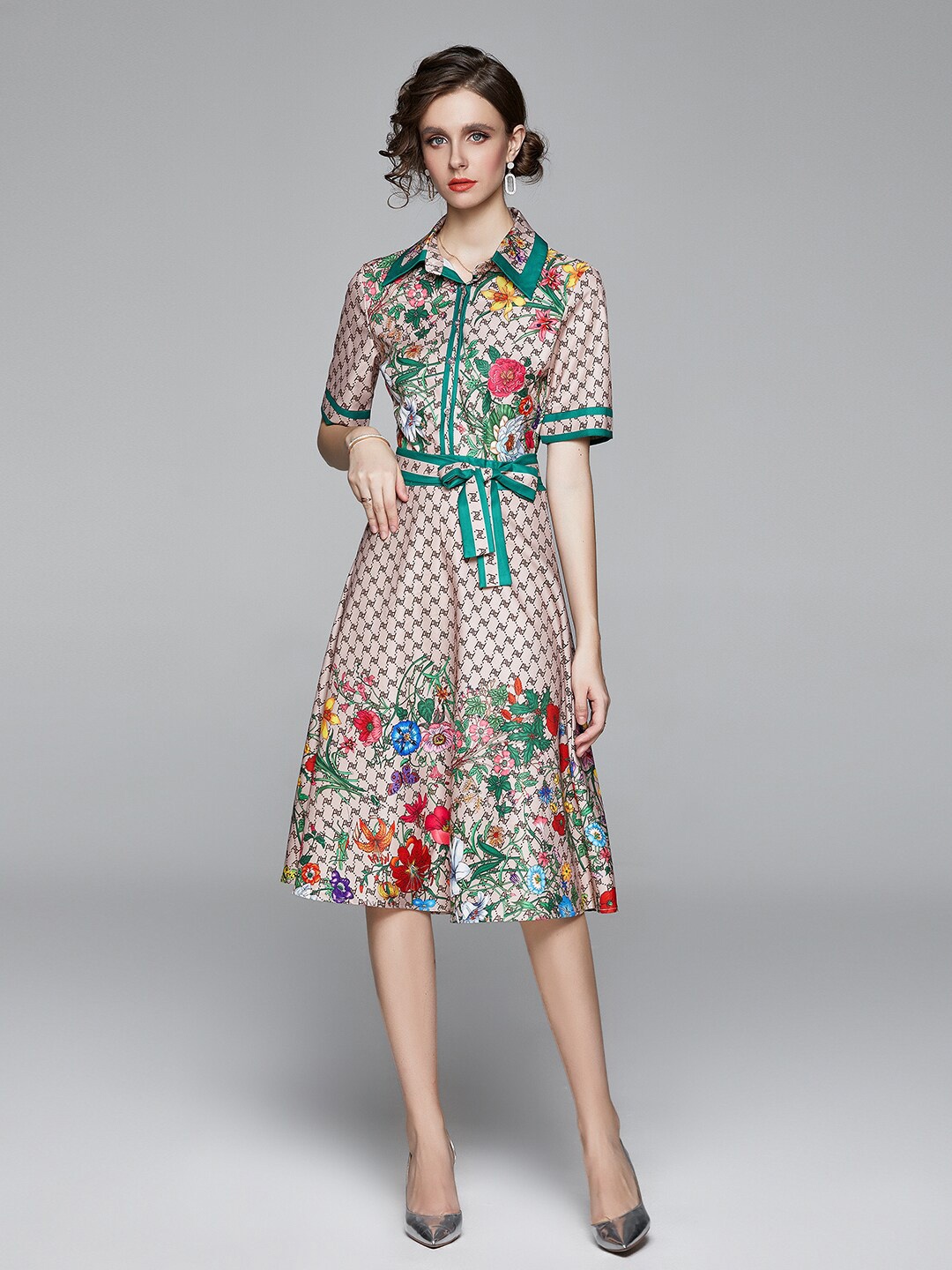 

JC Collection Beige & Green Floral A-Line Dress