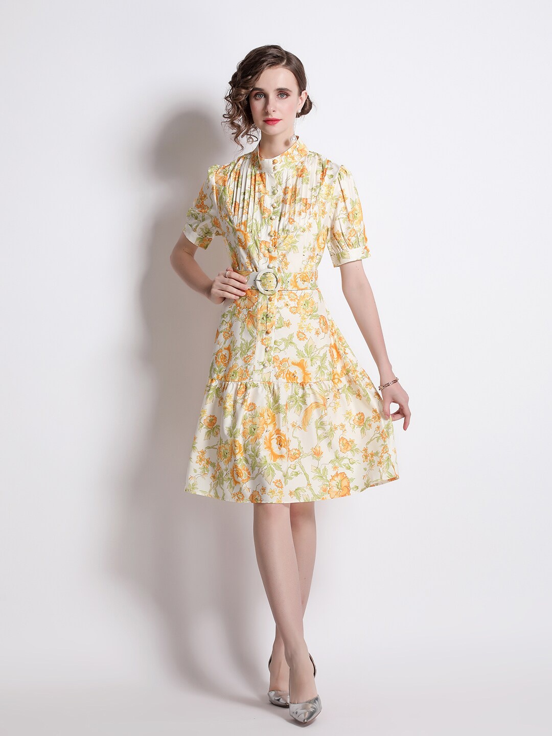 

JC Collection Floral Printed Puff Sleeves Mandarin Collar Dress, Yellow