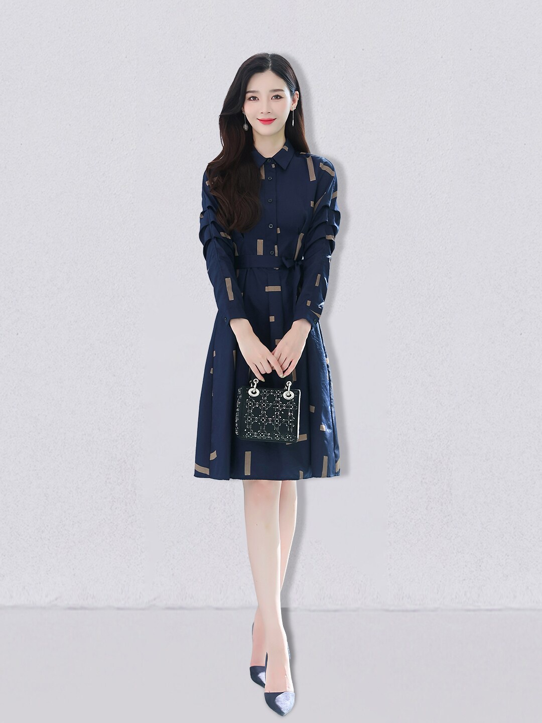 

JC Collection Striped Long Sleeves Shirt Collar A-Line Dress, Navy blue