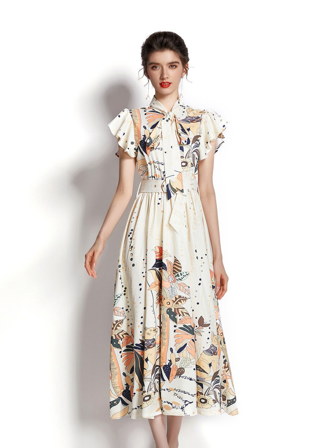 

JC Collection Cream-Coloured & Peach-Coloured Floral Tie-Up Neck Maxi Dress