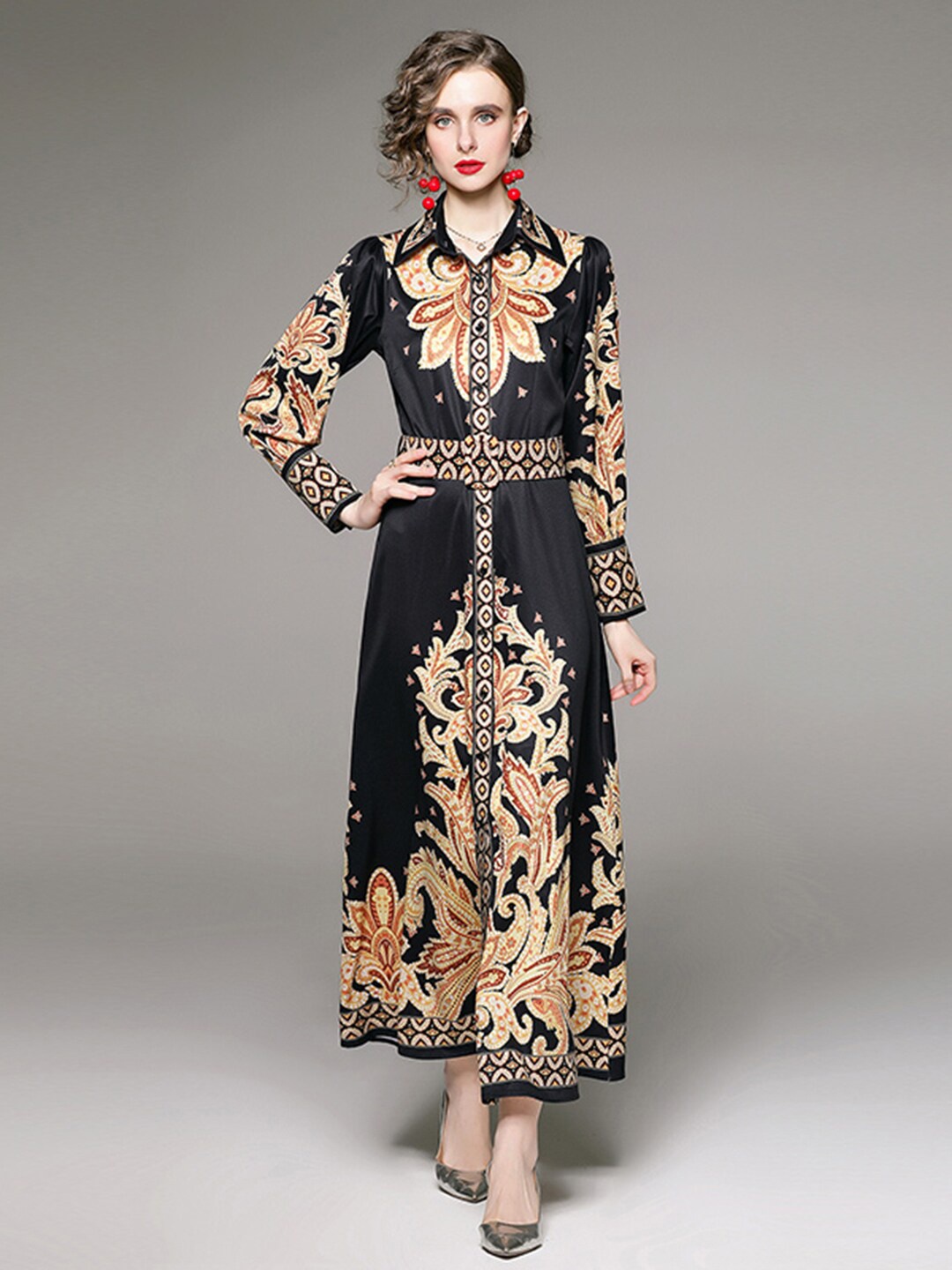 

JC Collection Black & Cream-Coloured Ethnic Motifs Maxi Maxi Dress