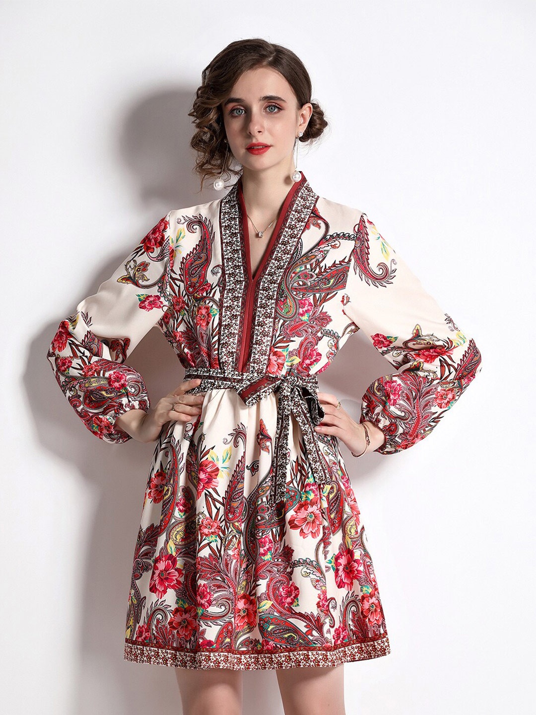 

JC Collection Cream-Coloured & Red Floral Mini Dress