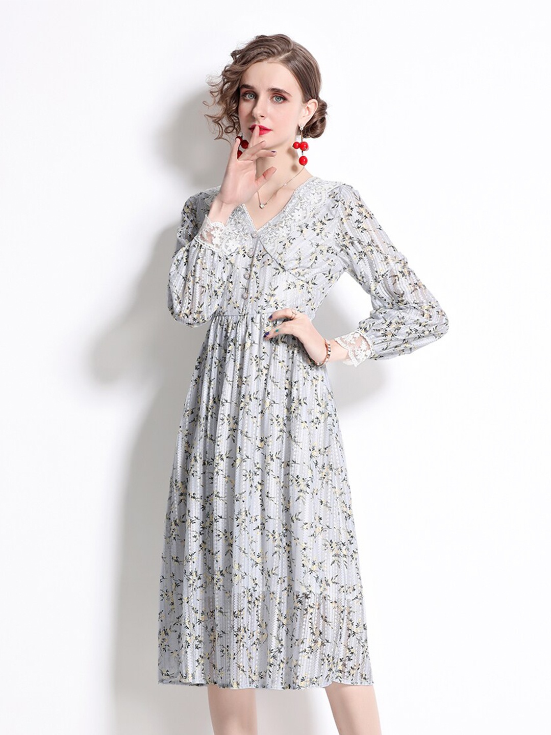 

JC Collection Grey Floral A-Line Dress