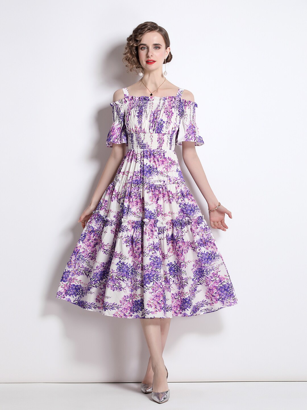 

JC Collection Floral Printed Fit and Flare Shoulder Straps Dress, Off white