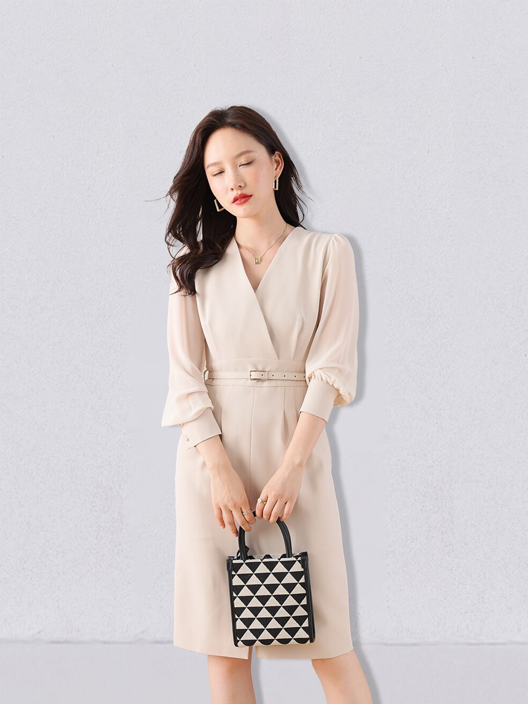 

JC Collection Cuffed Sleeves V-Neck Sheath Dress, Cream