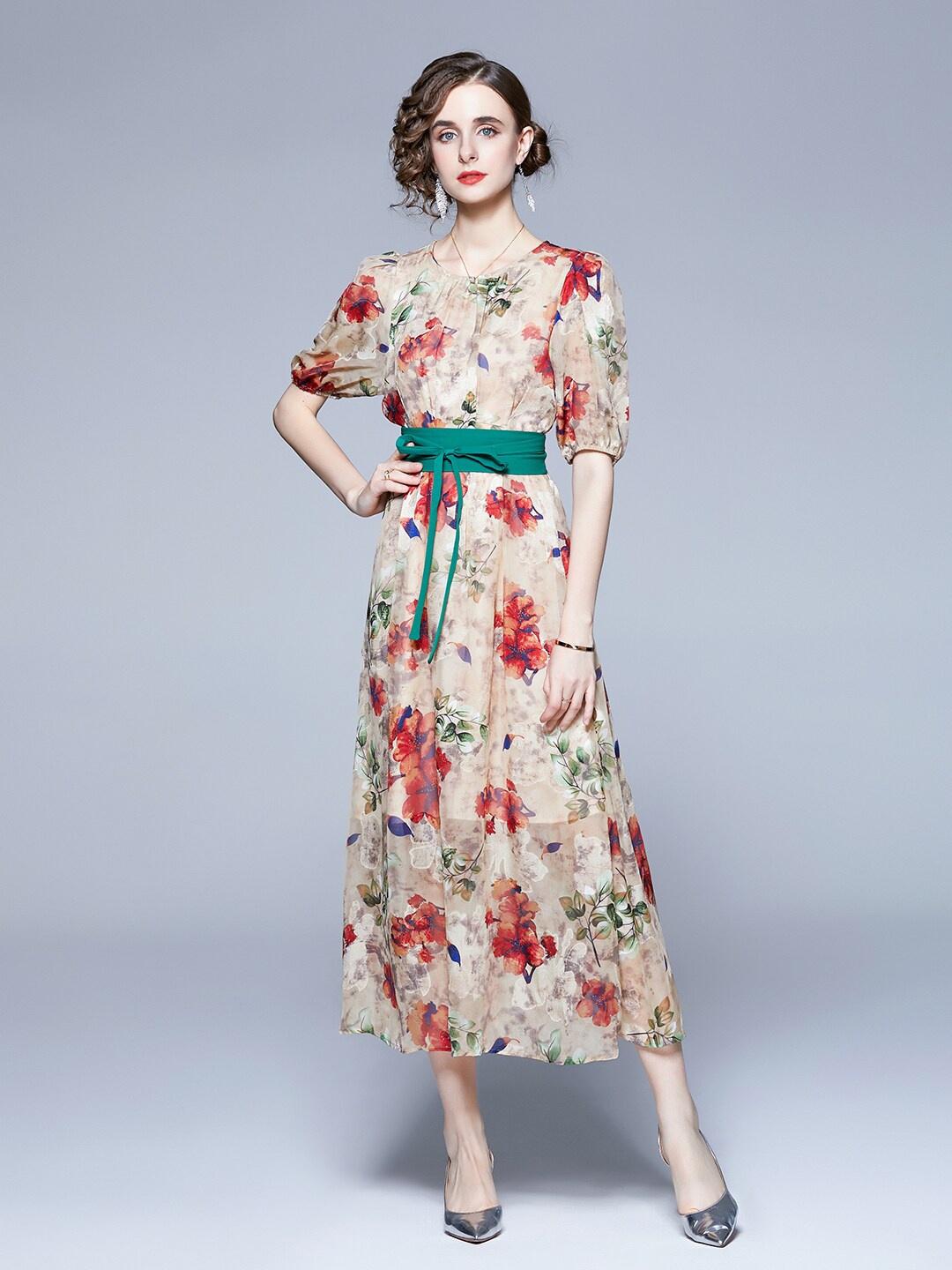

JC Collection Beige & Red Floral A-Line Maxi Dress