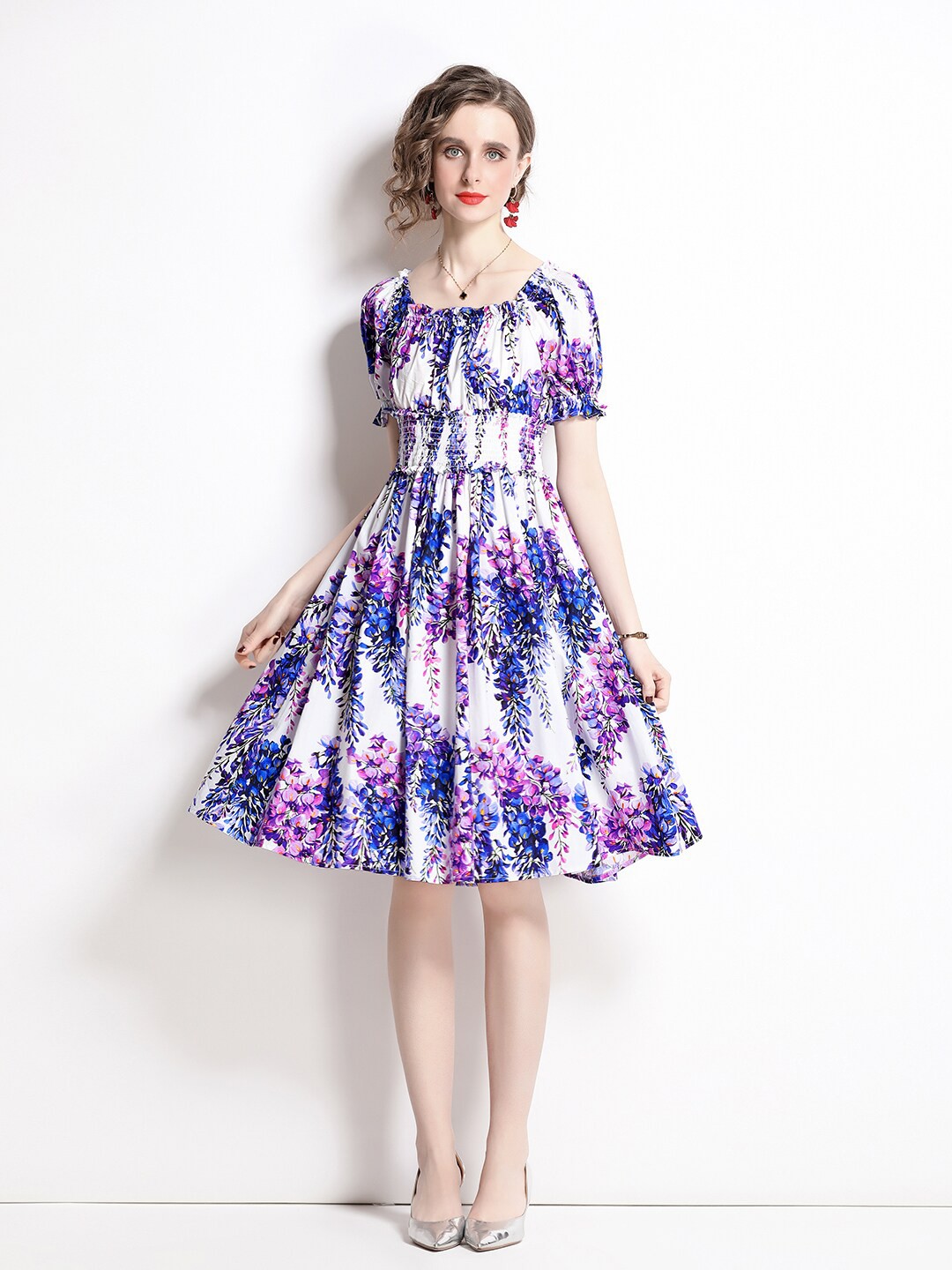 

JC Collection Floral Printed Puff Sleeve Dress, White