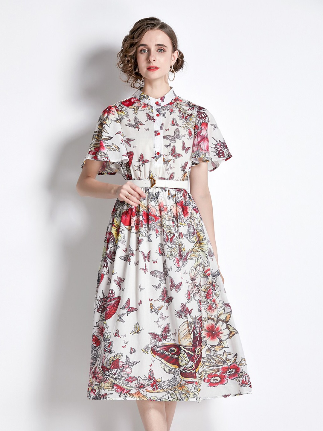 

JC Collection Floral Printed Fit and Flare Mandarin Collar Dress, Off white