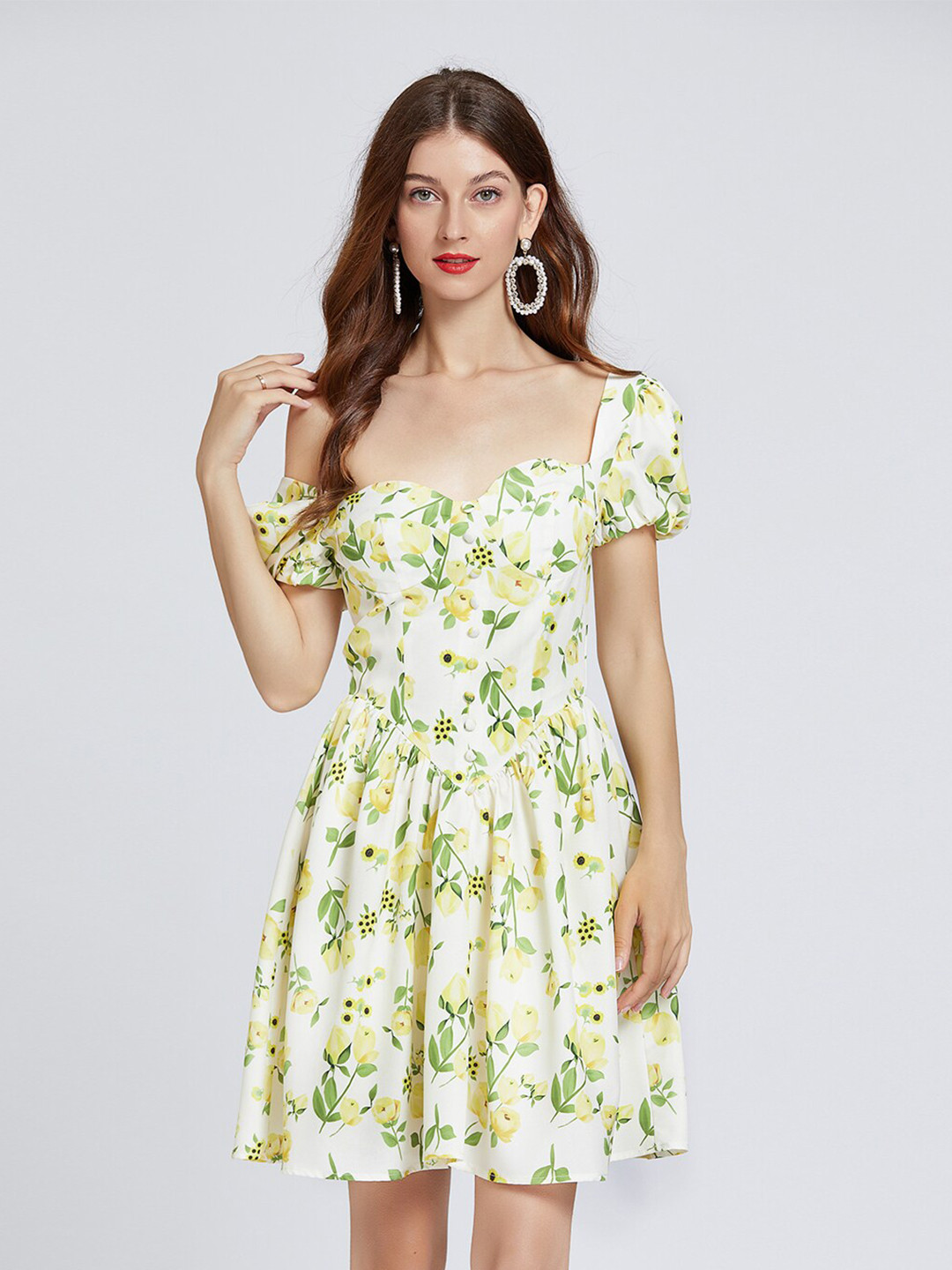 

JC Collection Off White & Yellow Floral Mini Polyester Dress