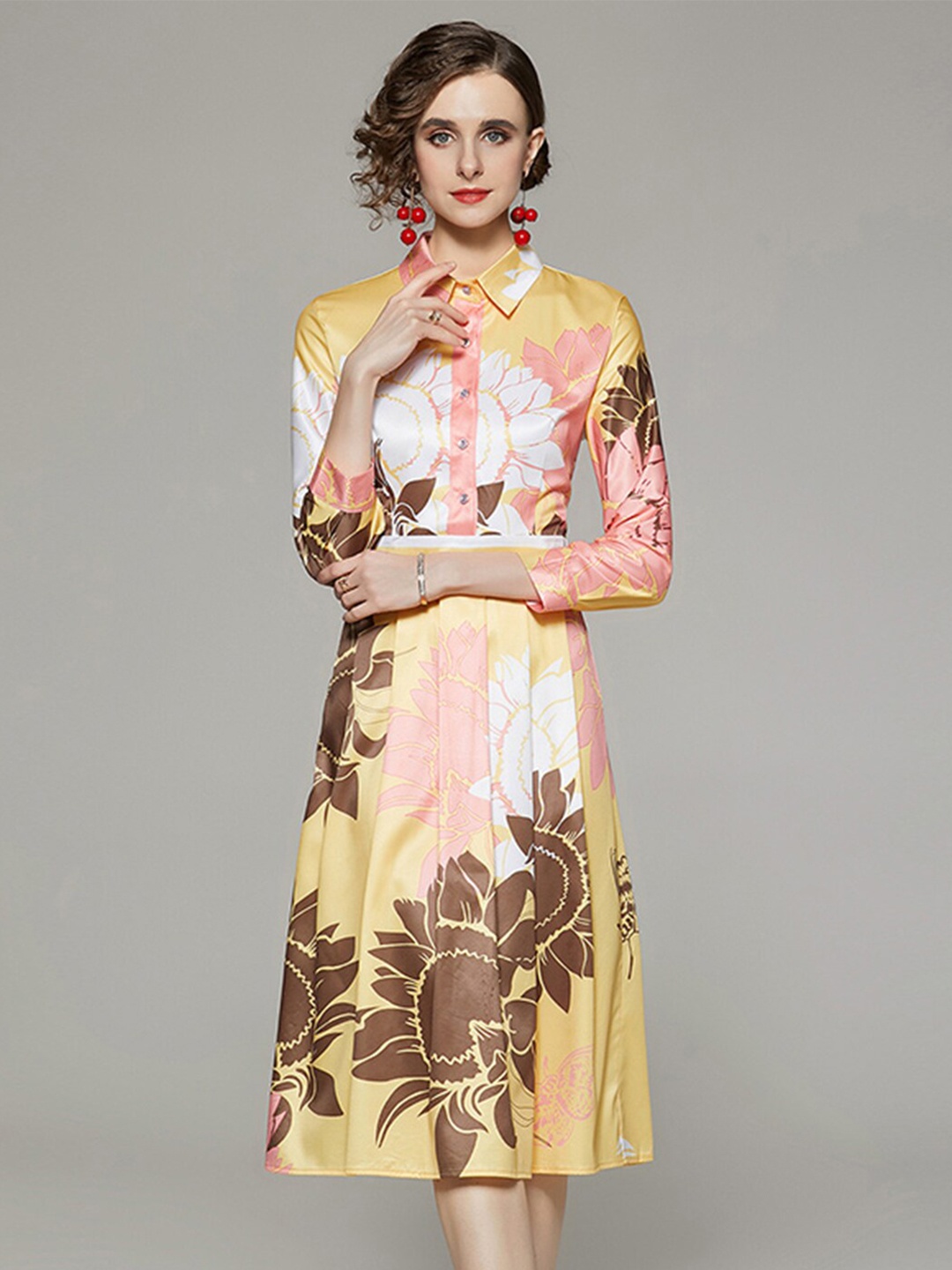 

JC Collection Yellow & Peach-Coloured Floral Midi Polyester Dress