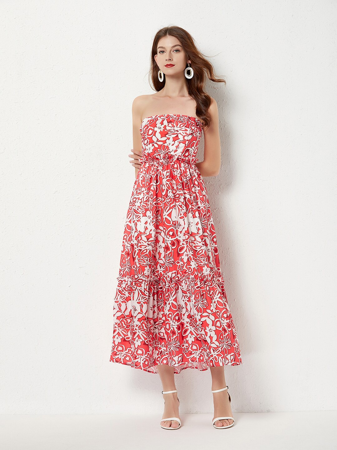

JC Collection Red & Off White Floral Maxi Polyester Dress