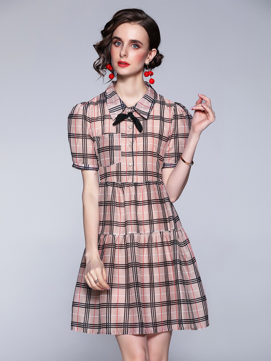 

JC Collection Camel Brown & Black Checked Shirt Dress