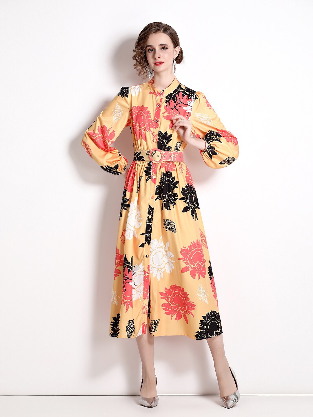 

JC Collection Yellow Floral Midi Polyester Dress