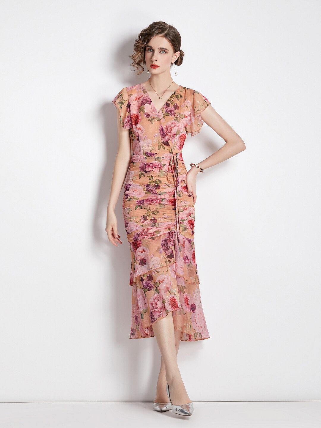 

JC Collection Peach-Coloured & Pink Floral Midi Polyester Dress