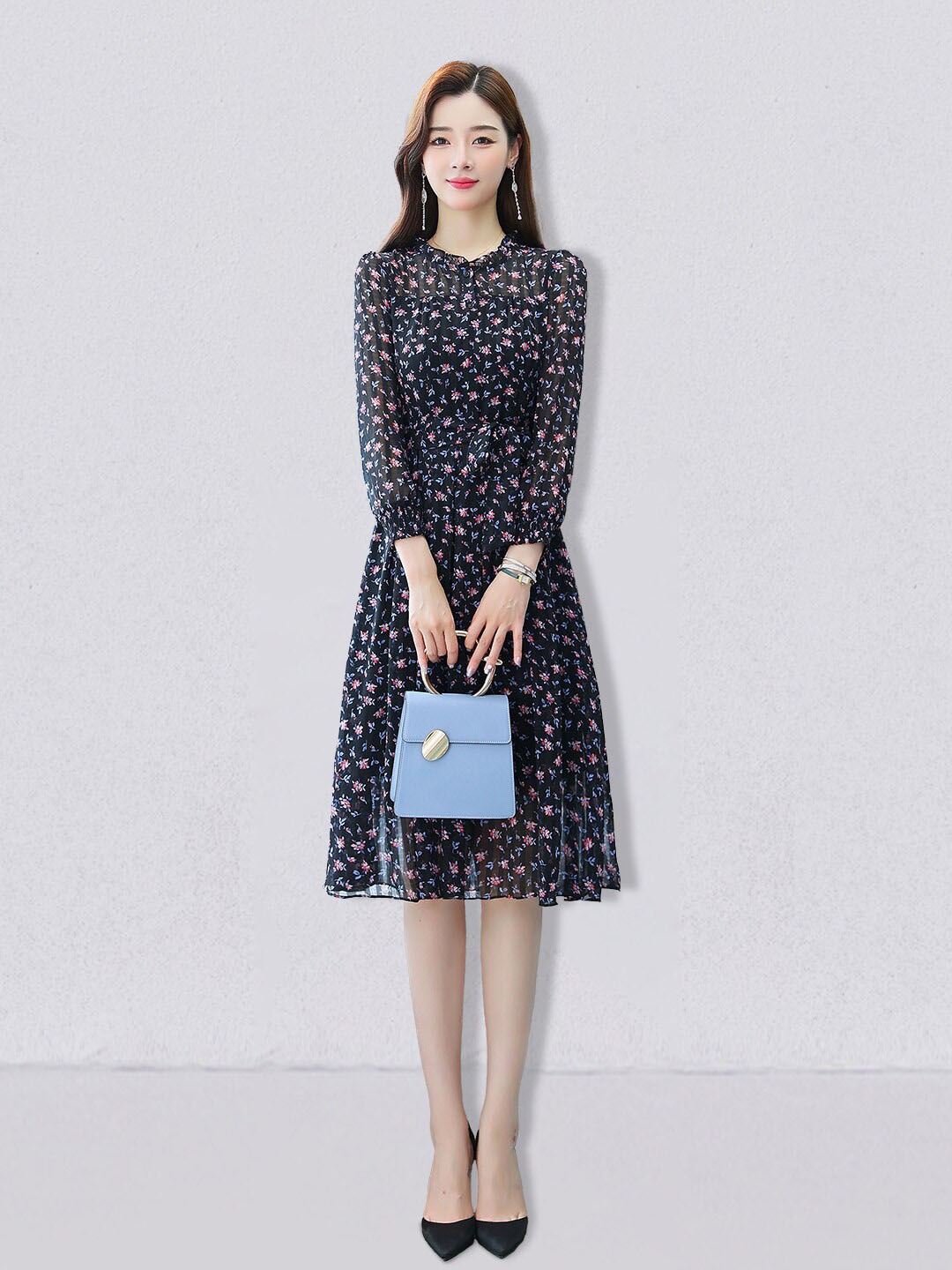 

JC Collection Black Floral Tie-Up Neck Dress