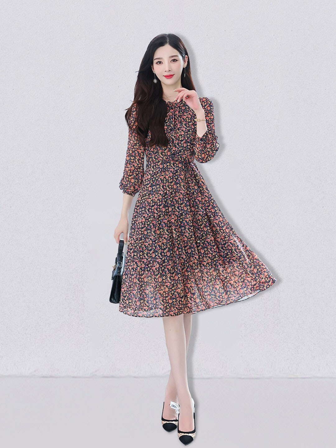 

JC Collection Black Floral Midi Polyester Dress