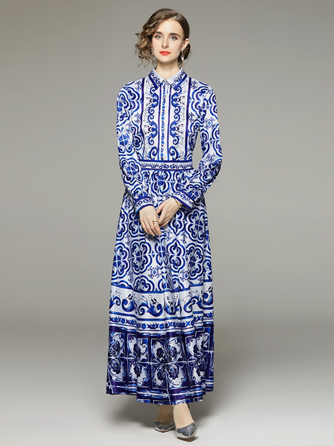 

JC Collection White & Blue Ethnic Motifs Maxi Polyester Dress