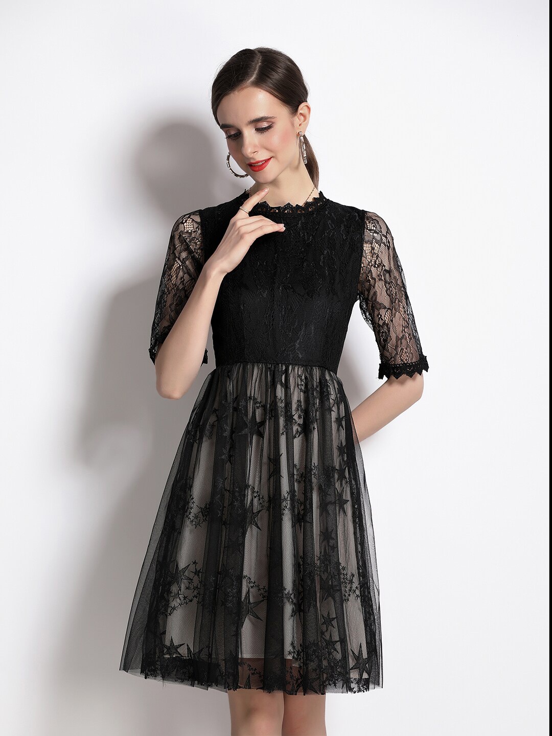 

JC Collection Self Design Fit and Flare Lace Dress, Black