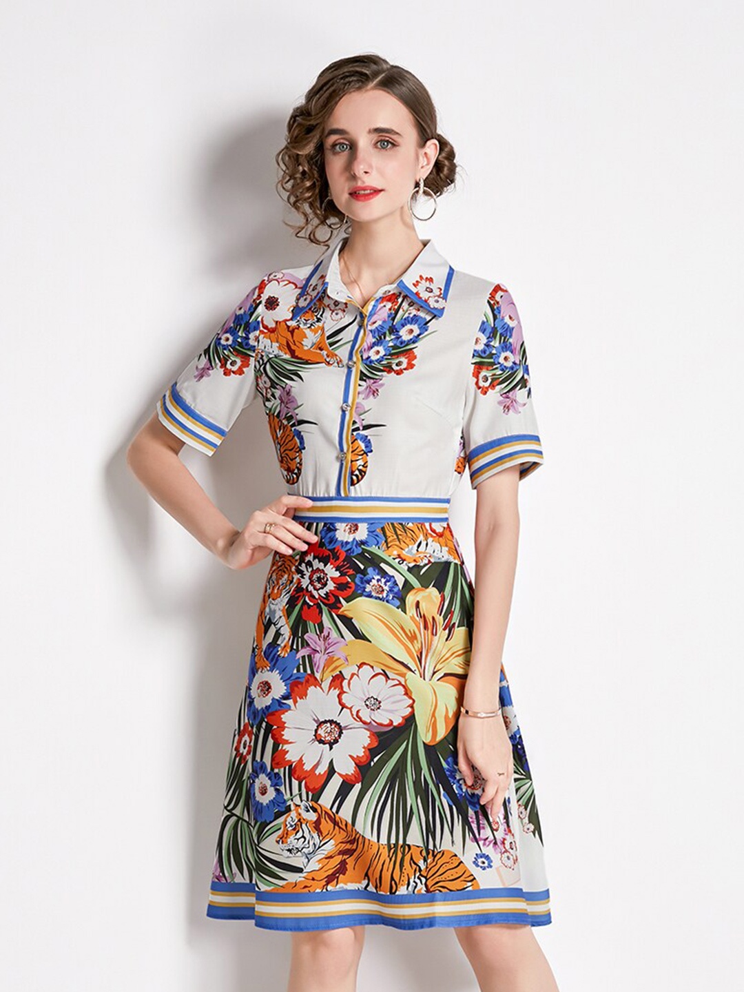 

JC Collection Off White & Blue Floral Polyester Dress