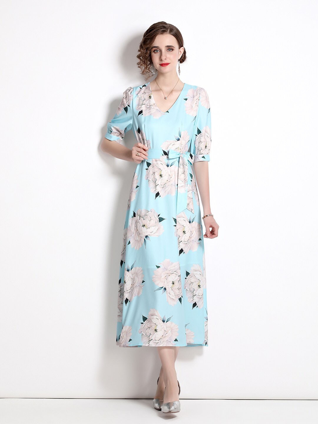 

JC Collection Blue Floral Midi Polyester Dress