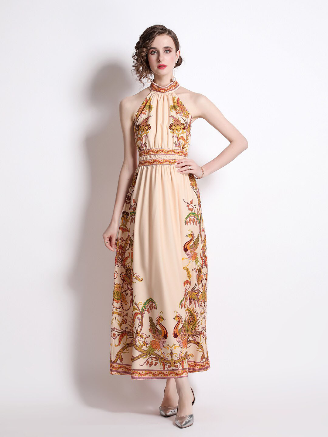 

JC Collection Beige Ethnic Motifs Halter Neck Maxi Dress