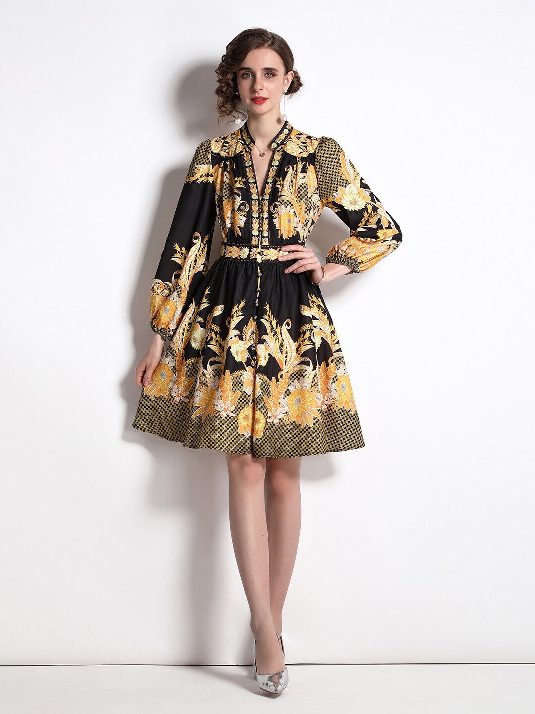 

JC Collection Black & Yellow Floral Printed Dress