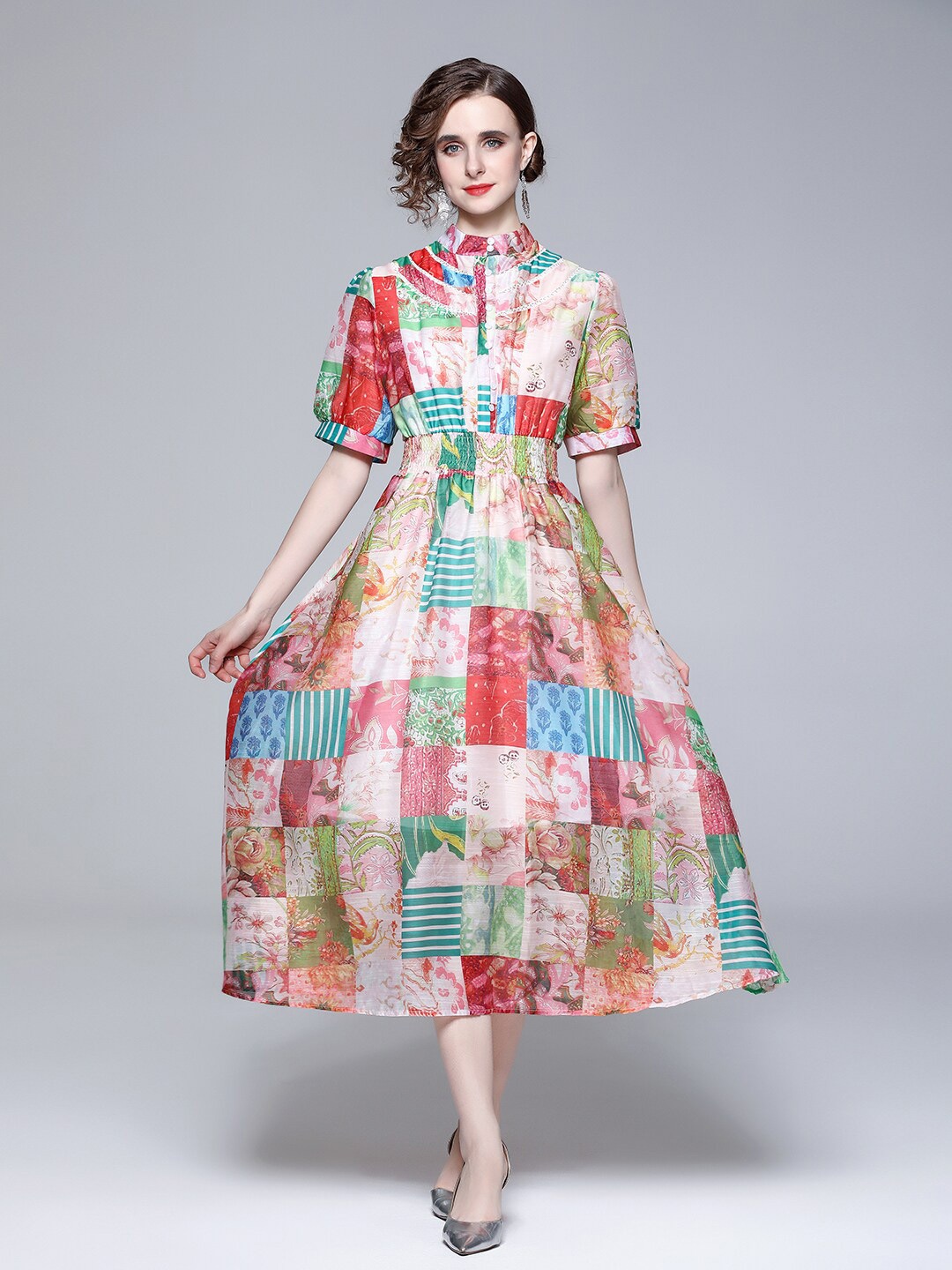 

JC Collection Cream-Coloured & Red Checked Smocked Midi Dress