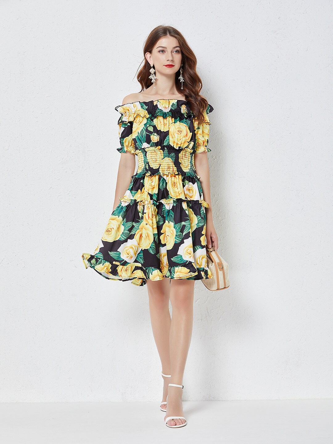 

JC Collection Green & Yellow Floral Off-Shoulder Dress