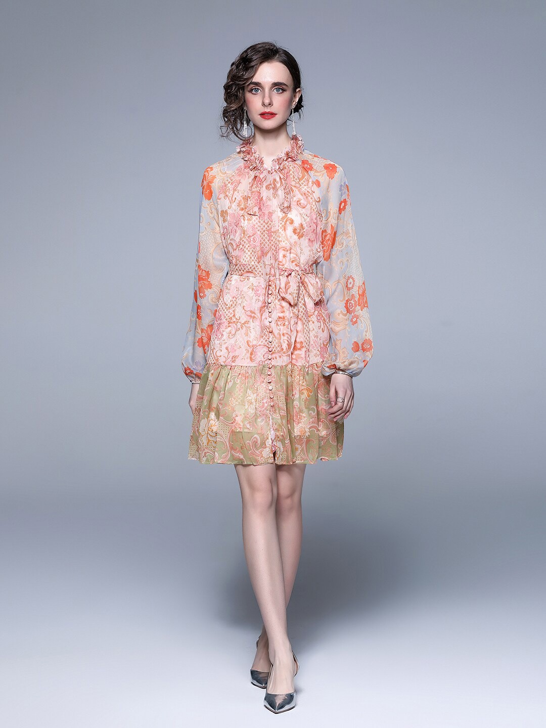 

JC Collection Peach-Coloured & Blue Floral Tie-Up Neck A-Line Dress