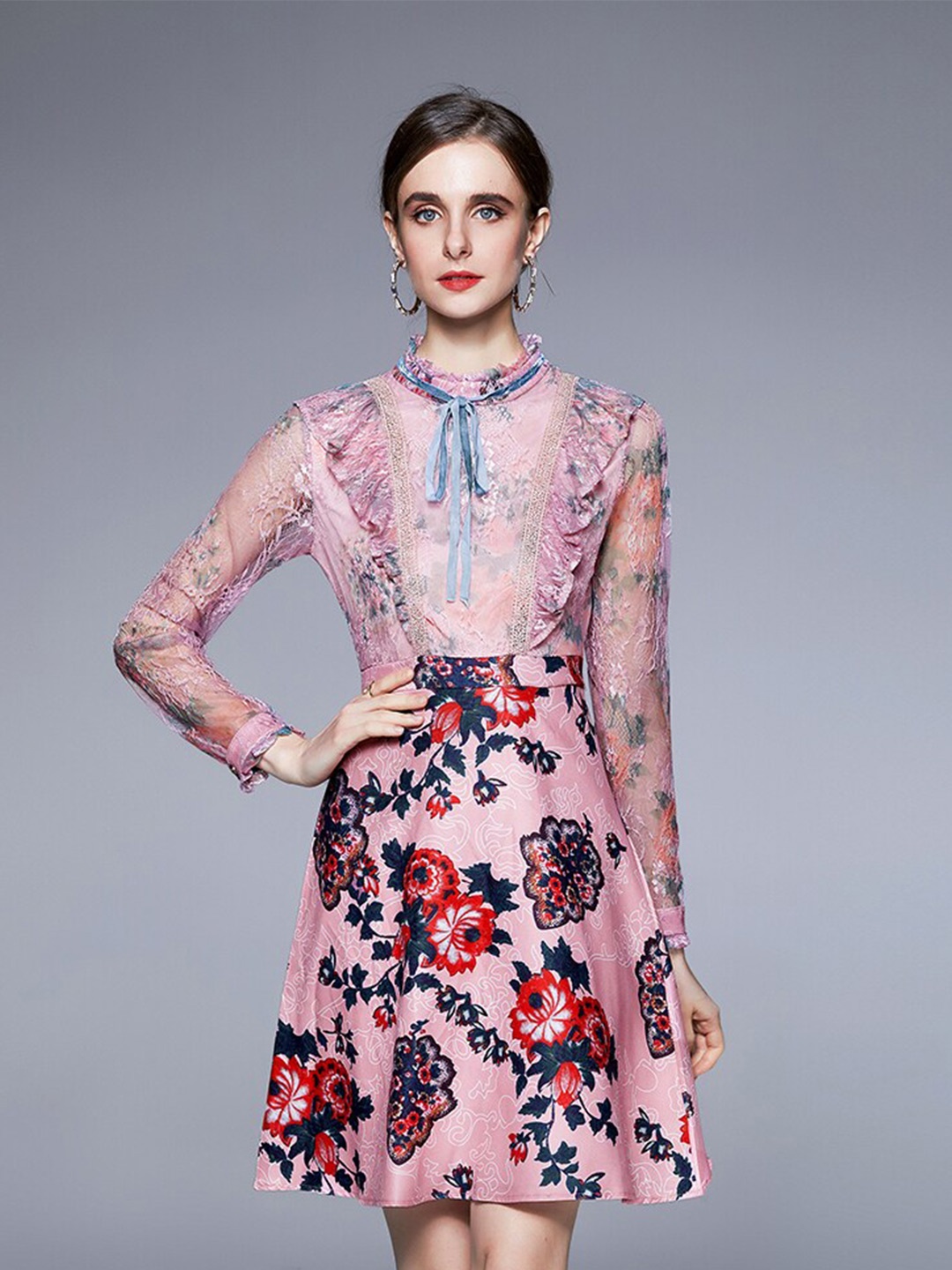 

JC Collection Pink & Blue Floral Tie-Up Neck Dress